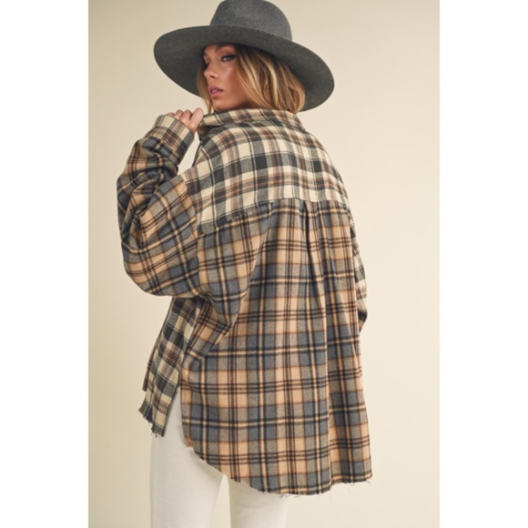 Noelle Oat Oversized Flannel Button Patchwork Long Sleeve Shirt - Picture 3 of 3